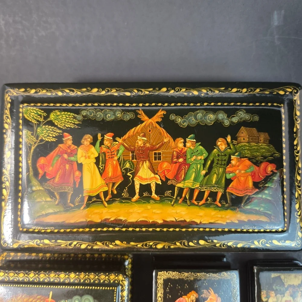 Vintage Russian Lacquer Box Lot of 4 Signed Palekh Zubov & Kholuy Art Collection